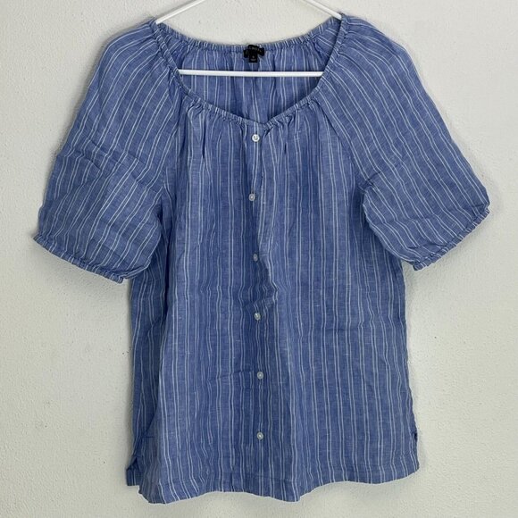 Talbots Top Women's Small Blue White Striped Linen Off Shoulder Button Front - Picture 1 of 8